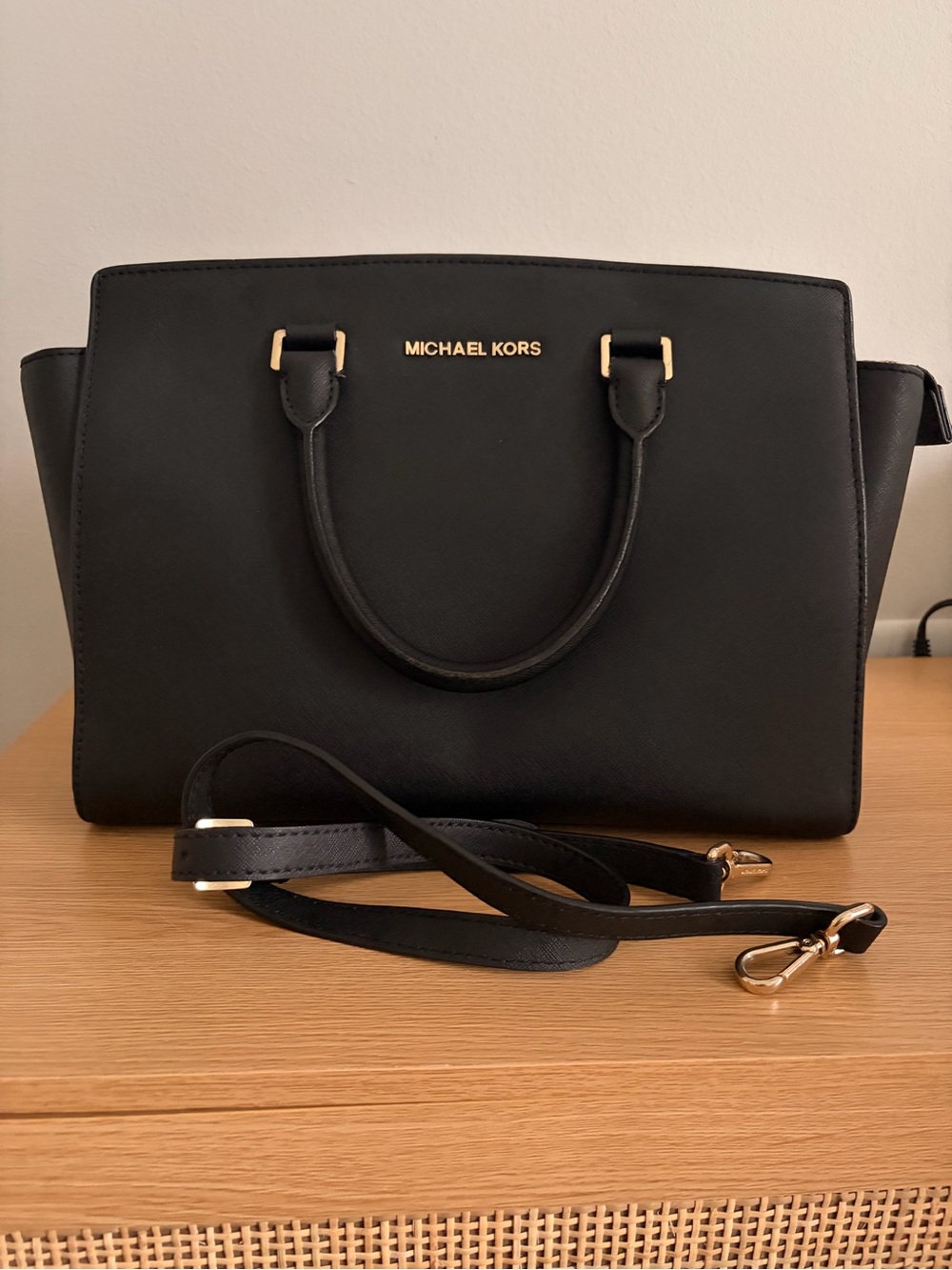 MICHAEL KORS Selma Black Saffiano Leather Satchel with Gold Hardware